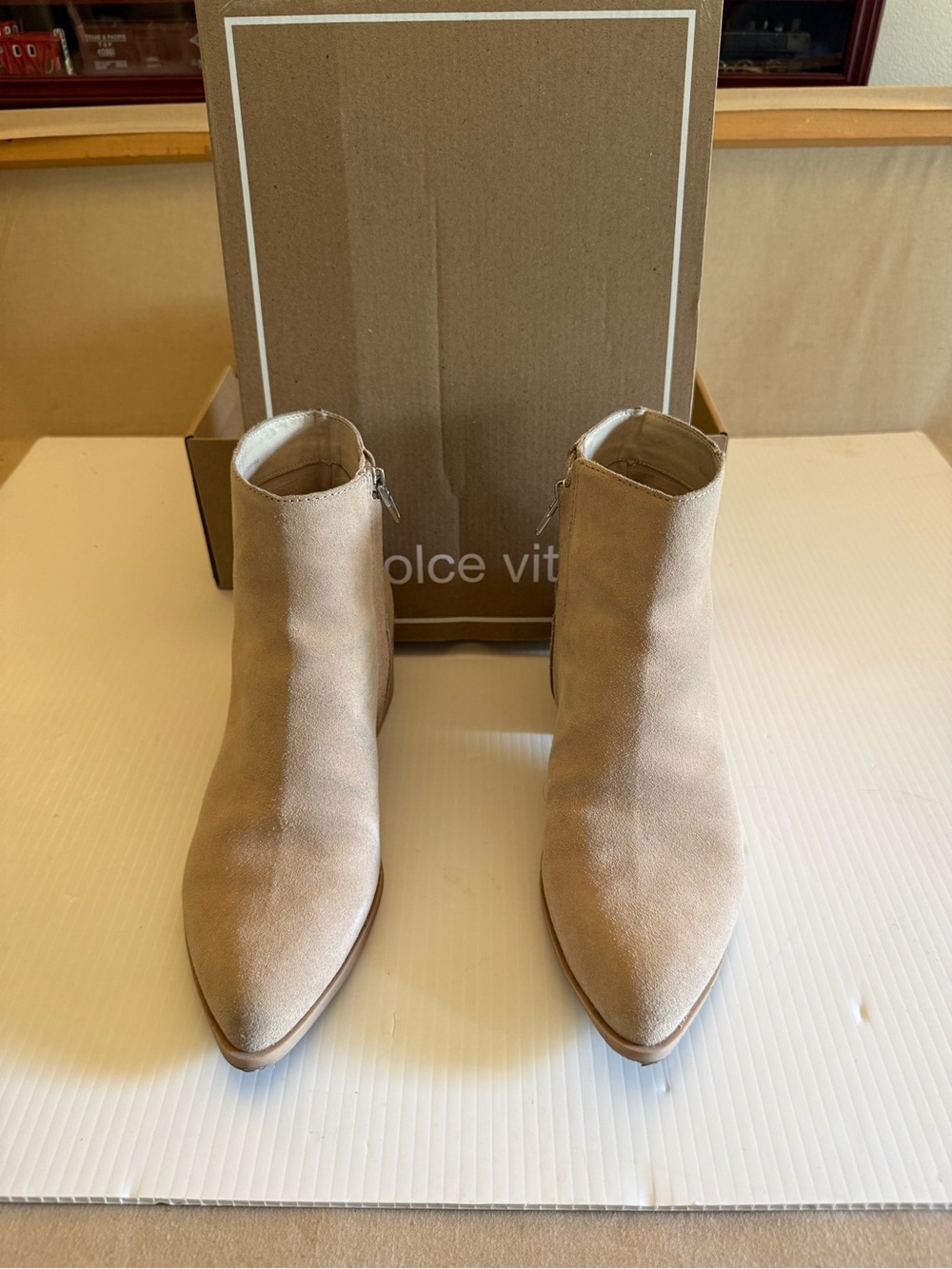 Dolce Vita Beige Suede Pointed Ankle Booties with Side Zip